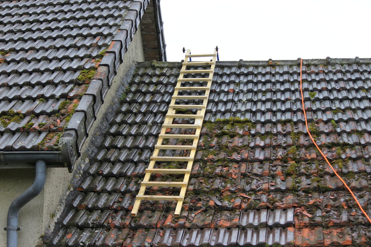  Cyrille a construit une échelle de toit, digne des meilleures enseignes de bricolage. La nôtre se constitue de roulettes de rollers et de barres servant normalement à suspendre des trucs au mur.